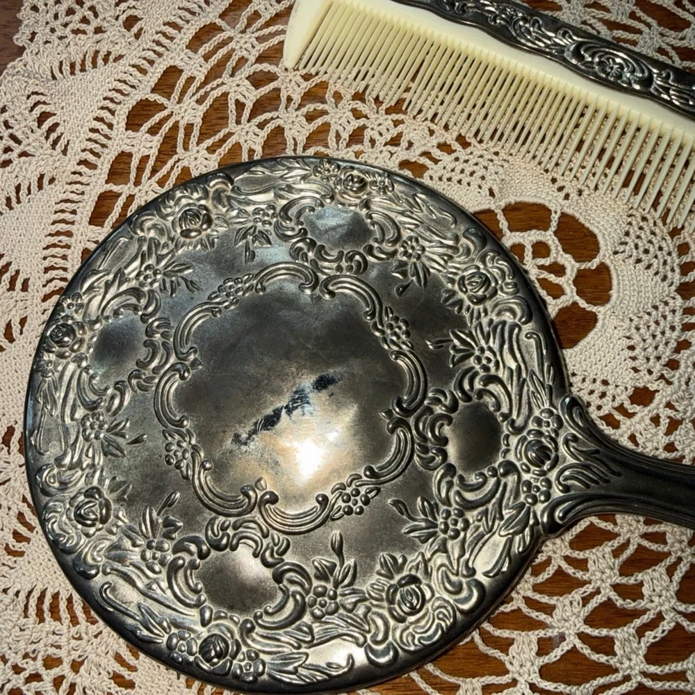Vintage Silverplate Vanity Mirror Floral Design Heavy With Comb